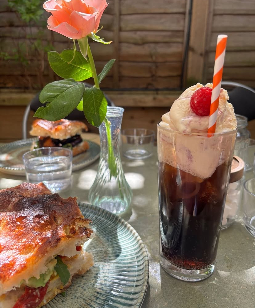 Focaccia sandwich with ice cream float